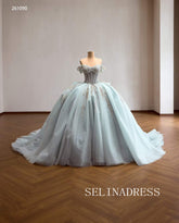 Enchanting Light Blue Ball Gown with Intricate Gold Embroidery and Off-the-Shoulder Sleeves 261090|Selinadress