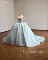 Enchanting Light Blue Ball Gown with Intricate Gold Embroidery and Off-the-Shoulder Sleeves 261090|Selinadress