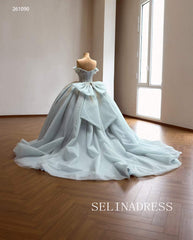 Enchanting Light Blue Ball Gown with Intricate Gold Embroidery and Off-the-Shoulder Sleeves 261090|Selinadress