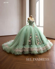Enchanting Mint Green Ball Gown with Floral Embellishments and Ruffled Hem 261144|Selinadress