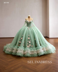 Enchanting Mint Green Ball Gown with Floral Embellishments and Ruffled Hem 261144|Selinadress