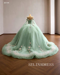 Enchanting Mint Green Ball Gown with Floral Embellishments and Ruffled Hem 261144|Selinadress
