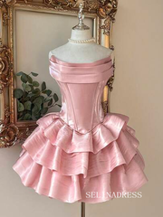 Enchanting Pink Off-the-Shoulder Mini Prom Dress with Tiered Ruffles and Corset Back cok065|Selinadress