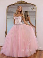 Enchanting Pink Strapless Ball Gown with Floral Embroidery and Beaded Accents COK036|Selinadress