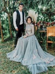 Ethereal Blue Floral-Embellished Tulle Gown for the Enchanted Bride COK101|Selinadress