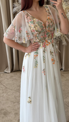 Ethereal Ivory Wedding Dress with 3D Floral Appliqués, Flutter Sleeves, Illusion Bodice TKL810|Selinadress