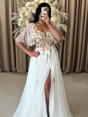 Ethereal Ivory Wedding Dress with 3D Floral Appliqués, Flutter Sleeves, Illusion Bodice TKL810|Selinadress