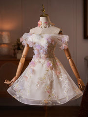 Ethereal Off-the-Shoulder Floral-Embellished Tulle Mini Dress with Pearl Choker Necklace TYL067