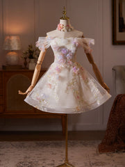 Ethereal Off-the-Shoulder Floral-Embellished Tulle Mini Dress with Pearl Choker Necklace TYL067