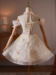 Ethereal Off-the-Shoulder Floral-Embellished Tulle Mini Dress with Pearl Choker Necklace TYL067