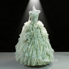 Ethereal Sage Green Bow Cascading Ruffles Strapless Sleeveless Backless Prom Dresses LET005|Selinadress
