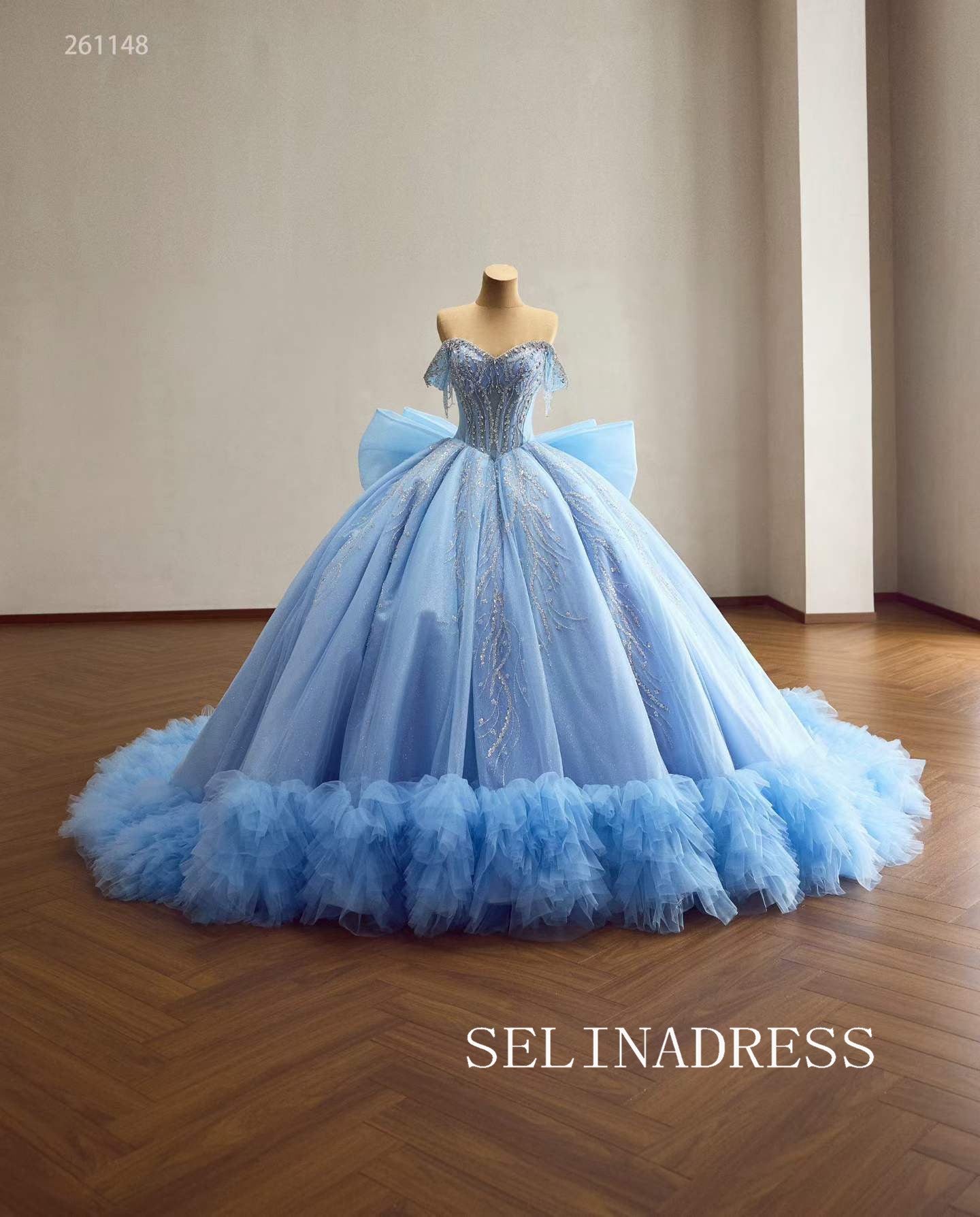 Ethereal Sky Blue Ball Gown with Sequined Bodice and Ruffled Train 261148|Selinadress