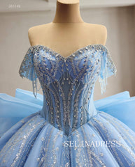 Ethereal Sky Blue Ball Gown with Sequined Bodice and Ruffled Train 261148|Selinadress