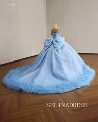 Ethereal Sky Blue Ball Gown with Sequined Bodice and Ruffled Train 261148|Selinadress
