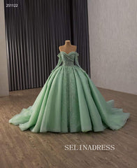 Exquisite Off-the-Shoulder Emerald Green Ball Gown with Intricate Beaded Embroidery 251122|Selinadress