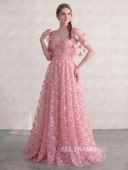 Flower Fairy Blushing Pink 3D Lace Floral Sweetheart Sleeveless A-Line Princess Prom Dresses LET008|Selinadress