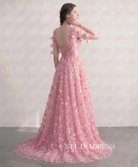 Flower Fairy Blushing Pink 3D Lace Floral Sweetheart Sleeveless A-Line Princess Prom Dresses LET008|Selinadress