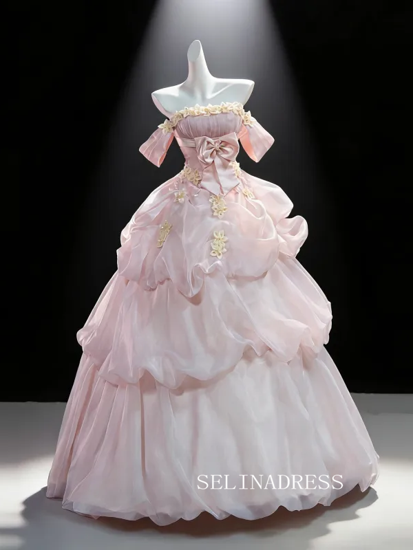 Flower Fairy Blushing Pink Bow Appliques Cascading Ruffles Prom Dresses Off-The-Shoulder Sleeveless Backless Ball Gown LET006|Selinadress