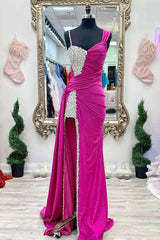 Chic Asymmertrical Fuchsia Beaded Long Porm Dress With Split lck002