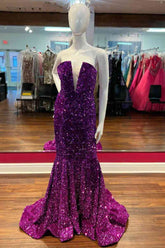 Mermad Strapless Fuchsia Sequins Long Prom Dress lck003