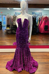 Mermad Strapless Fuchsia Sequins Long Prom Dress lck003