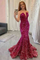 Mermad Strapless Fuchsia Sequins Long Prom Dress lck003