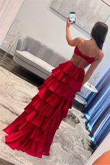 A-Line Straps V-Neck Red Ruffle Layered Prom Dress lck008