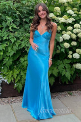 Elegant Straps Blue Beaded Applique Sheath Maxi Dress Prom Dress lck007