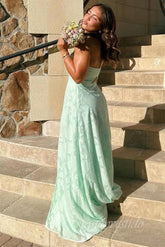 Strapless Mint Green Lace Prom Dress with Slit lck010