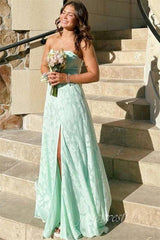 Strapless Mint Green Lace Prom Dress with Slit lck010