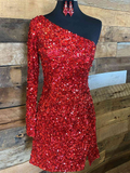 Glitter One Sleeve Red Sequined Homecoming Dress #TKL512|Selinadress