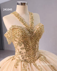 Gold Beaded Wedding Dress Halter Neck Quinceanera Dress 241045|Selinadress