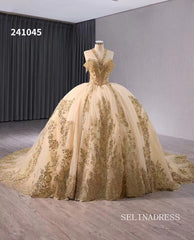 Gold Beaded Wedding Dress Halter Neck Quinceanera Dress 241045|Selinadress