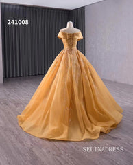Gold Beaded Wedding Dress Off the Shoulder Ball Gown Quinceanera Dress 241008|Selinadress