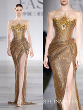 Gold Mermaid Strapless Sparkly Long Prom Dresses Evening Dresses YY012|Selinadres
