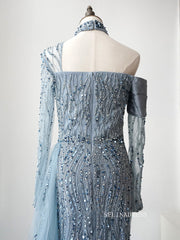 Gorgeous High Neck One Shoulder Luxury Long Prom Dress Blue Beaded Evening Dress Formal Gown FUE017|Selinadress