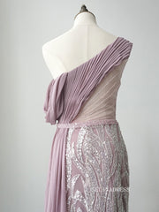 Gorgeous One Shoulder Elegant Long Prom Dress Rose Pink Sparkly Evening Dress Formal Gown FUE019|Selinadress