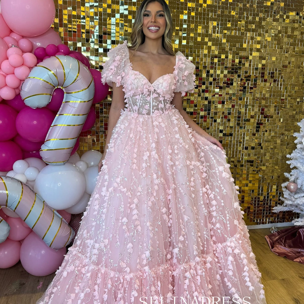Classy Pink Puff Sleeves Mid-length Prom Dress,Pink Evening Dress  Y7113