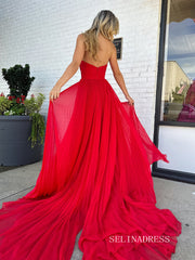 Elegant Srrapless Red Chiffon Keyhole Long Prom Dresses With slit Cheap Formal Dresses SER033|Selinadress