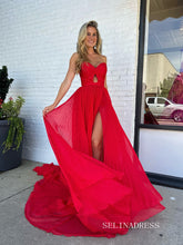 Elegant Srrapless Red Chiffon Keyhole Long Prom Dresses With slit Cheap Formal Dresses SER033|Selinadress