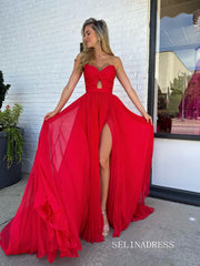 Elegant Srrapless Red Chiffon Keyhole Long Prom Dresses With slit Cheap Formal Dresses SER033|Selinadress