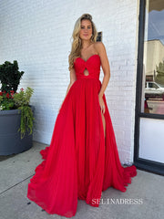 Elegant Srrapless Red Chiffon Keyhole Long Prom Dresses With slit Cheap Formal Dresses SER033|Selinadress