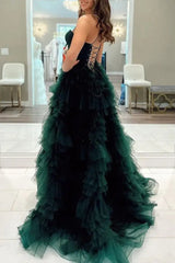 Green Spaghetti Straps Layered Tulle Prom Dress with Slit SEW1305|Selinadress