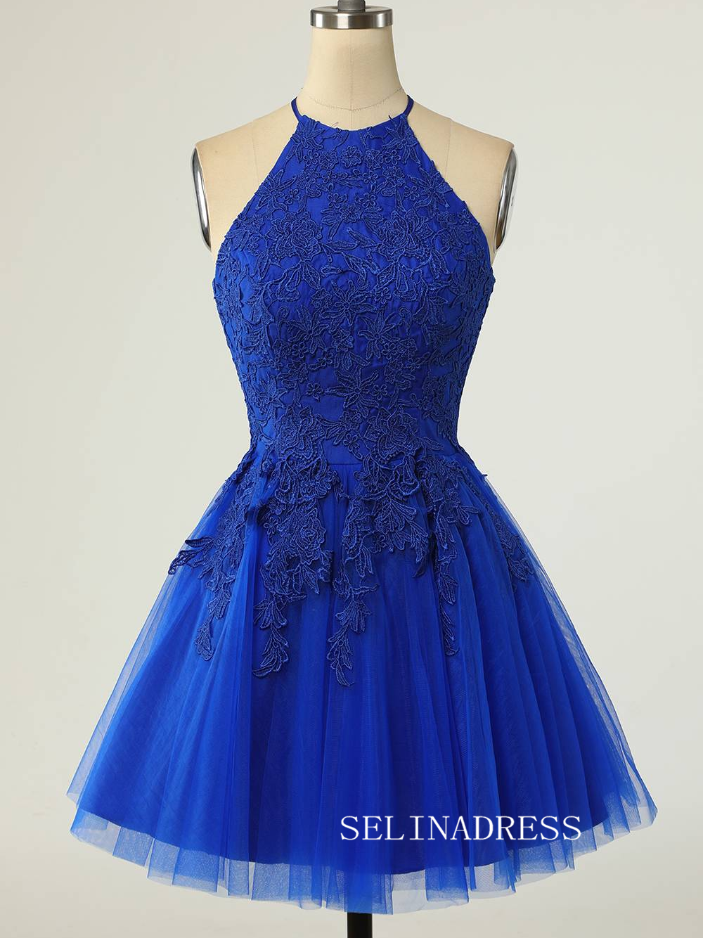Halter Royal Blue Short Homecoming Dress with Appliques SEA014|Selinadress