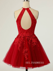 Halter Royal Blue Short Homecoming Dress with Appliques SEA014|Selinadress