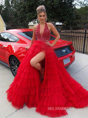 Halter Ruched Light Blue Ball Gown Evening Dress With Slit SEW1157|Selinadress