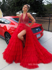 Halter Ruched Light Blue Ball Gown Evening Dress With Slit SEW1157|Selinadress