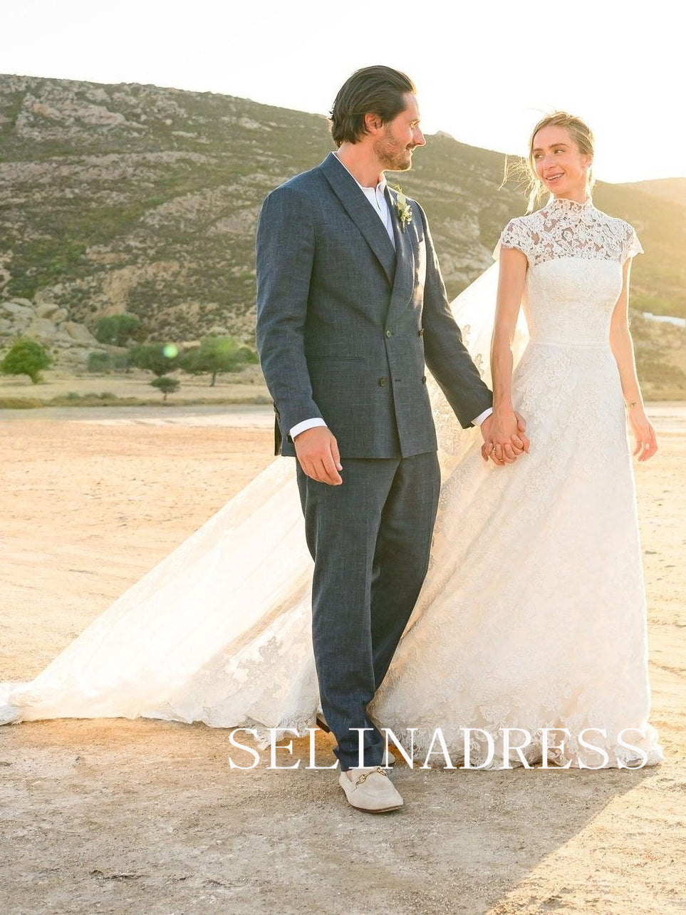 High Neck Lace Wedding Dresses Vintage Short Sleeve Wedding Dress XS002|Selinadress