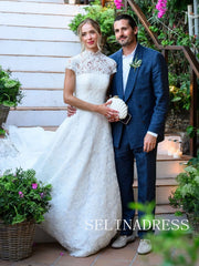 High Neck Lace Wedding Dresses Vintage Short Sleeve Wedding Dress XS002|Selinadress