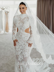 High Neck Open Back Mermaid Lace Wedding Dresses with Long Sleeves GRK029